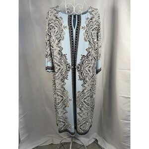 Studio One Dress Women 2X Blue Paisley Shift Keyhole Metal Bar 3/4 Sleeve Midi